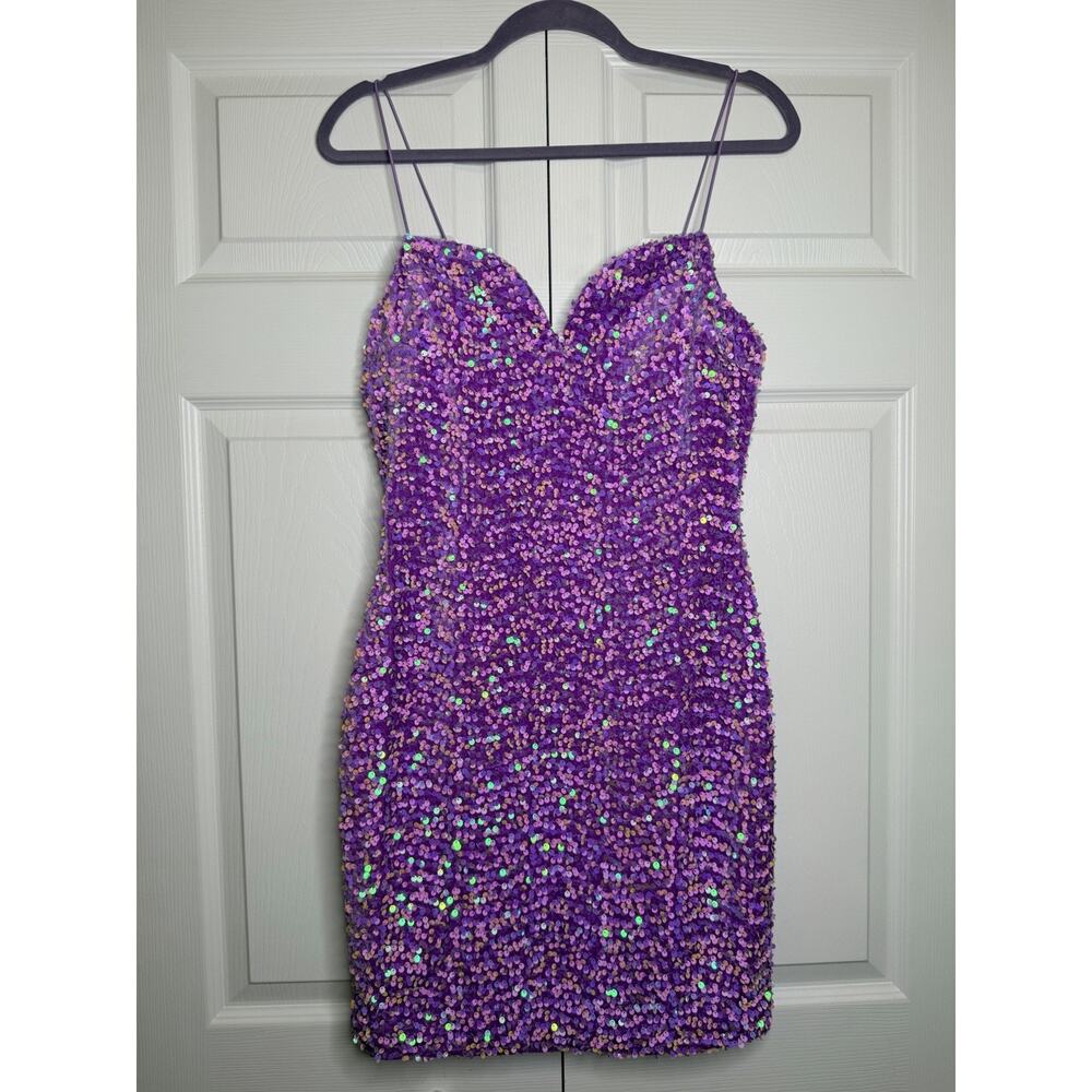 Women's Junior Straps Violet Purple Sequins Mini Dress Velvet Size L Party Prom